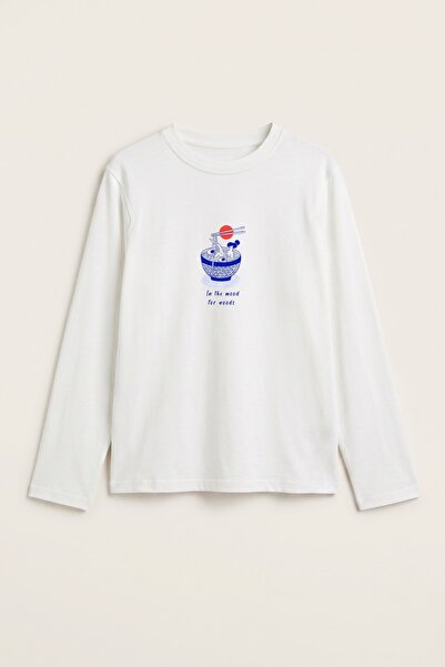 The Champ Clothing Women's Long Sleeve T-Shirt Noodle Mood Printed White – St...