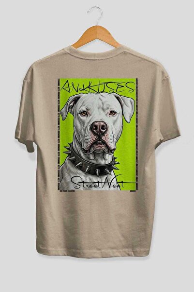 Ankhises For Dog Lovers 52 Back Dog Printed Beige Oversize T-Shirt 100% Cotto...