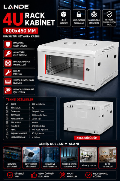 IRONSTAR LANDE 600x450 Rack Kabinet / 9U Rack Kabinet / 9U Network Kabini / D...