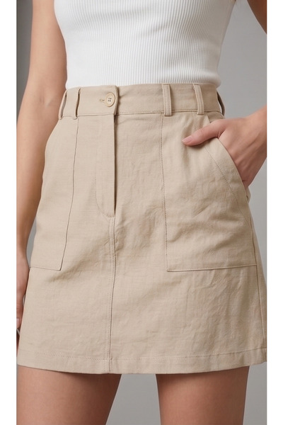 Glaura Fashion Doğal Keten Dokulu Şort Astarlı Mini Etek - Casual Yazlık Etek