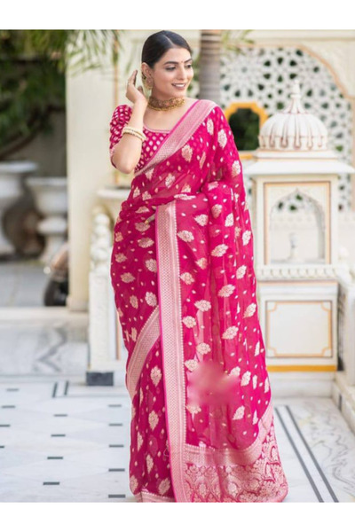 MYSMAR Pink Banarasi Khadi Georgette Blouse Saree - MAF3125 | Pink