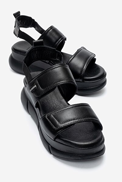 LuviShoes CELESTE Sandale de damă cu talpă groasă, din piele naturală neagră,...