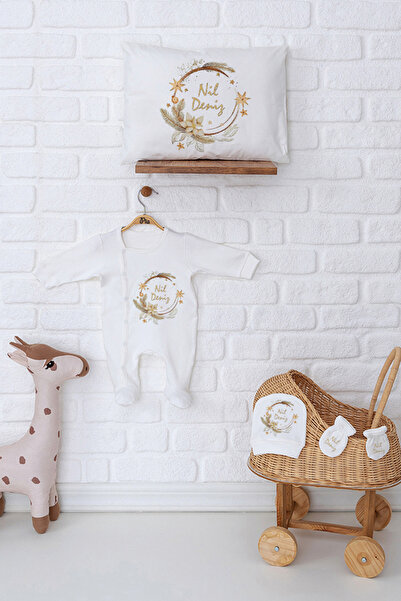 Pia Baby Premium Kız Bebek İsme Özel %100 Pamuk Tulum Şapka Eldiven ve Yastık...