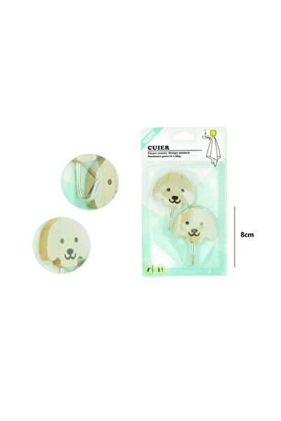 idei Set 2 Cârlige Adezive cu Cap Lemn, Formă Câine, 8 cm, Capacitate 1,5 kg,...