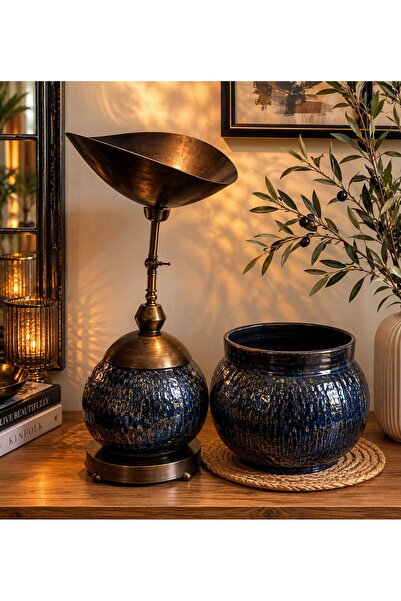 Materra Ceramic Art SERAMİK ABAJUR VE SAKSI TAKIM RAKU GELENEKSEL TEKNİKLE DE...