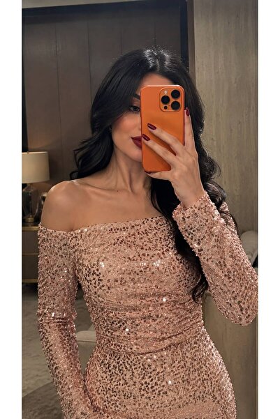 Haifa Fashion فستان سهرة ترتر أنيق بلون روز جولد