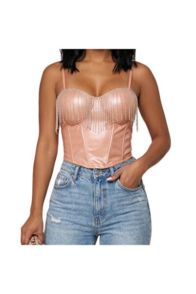 Roma Luxury Leather Corset Top with Embellished Design and Dangling Crystal R...