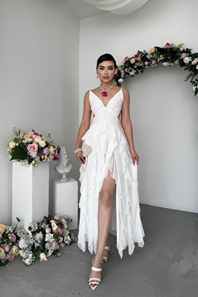 Caddebostan Moda فستان ميدي من الشيفون مكشوف الظهر مع أشرطة مزينة بالكشكشة، ف...
