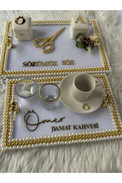 CatplexBoutique Söz Tepsisi - Kişiye Özel 2'li Nişan Tepsisi Damat Kahvesi Te...