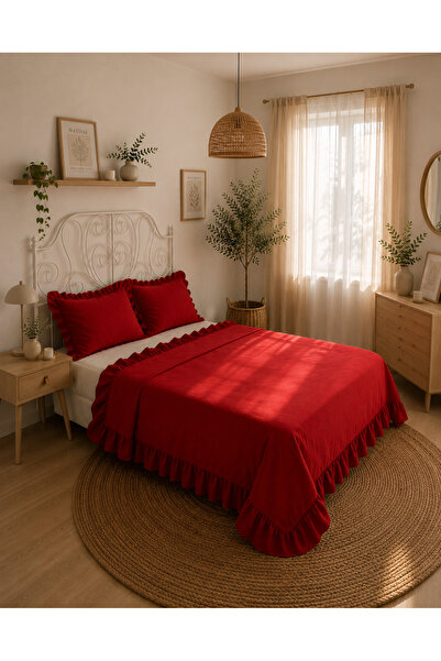 Decamor home Cuvertură de pat roșie vintage cu volane, pentru pat dublu