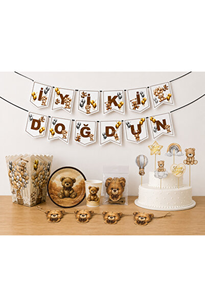 Balonsan Retro Teddy Bear Birthday Set for 8 People (Plate-Cup-Corn Box-Cake ...