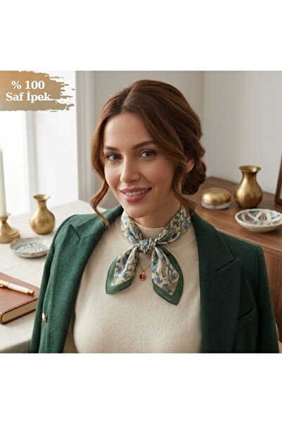 Pure Silk Atelier %100 Saf İpek Geleneksel Lale Motifli Mini Kare Fular - 50x...