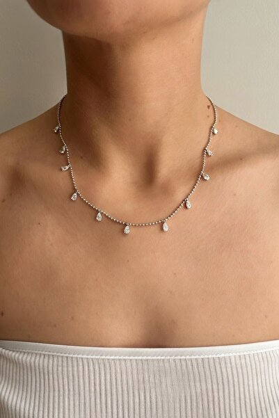 RMY MODA Women's Silver Drop Stone Chain Necklace