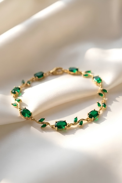 Elifsu Jewelry Steel Tulip Design Bracelet with Green Color Stones, Red Color...