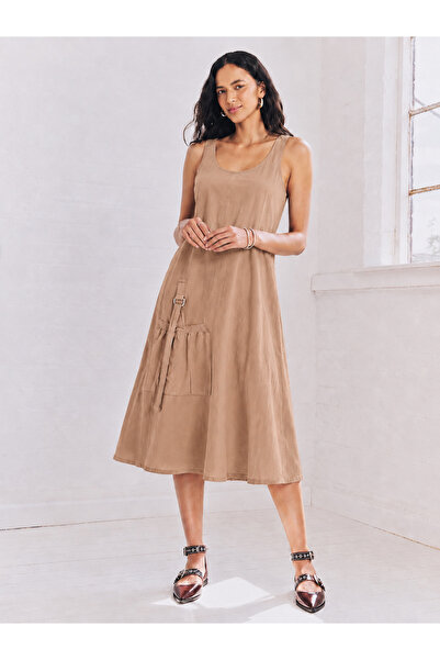STYLENEST Kadın Keten Kolsuz Midi Elbise Cepli Rahat Kesim Yazlık Camel Elbise