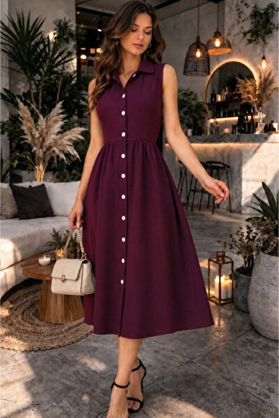 Kokosh moda Women's V-Neck Button Detailed Sleeveless Midi Dress (Without Belt)