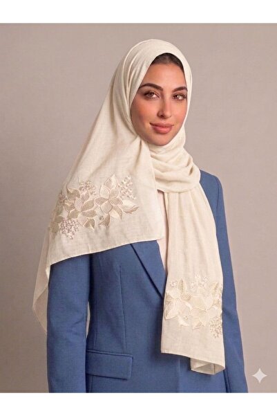 Veil Designer طرحه روز اوف وايت طبقتين بتطريز علي الطرفين قماش بوال ياباني 19...