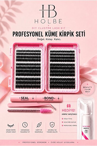 HOLBE Profesyonel İpek Kirpik Seti Doğal Görünümlü 10D Cluster Kirpik Uygulam...