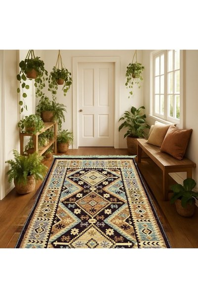 Kotonia Home Covor țesut - Decor tradițional, 80x300 cm, fundal maro și nuanț...