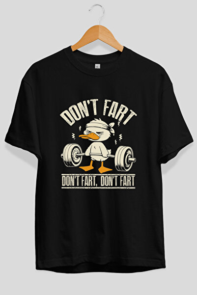 Ankhises Tricou negru cu imprimeu frontal Dont Fart, supradimensionat, 100% b...
