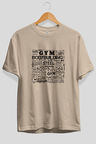 Ankhises Tricou bej cu imprimeu frontal supradimensionat pentru culturism, 10...