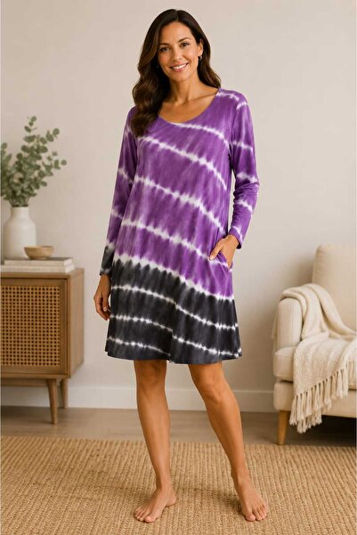 NO BRAND Rochie Lejeră de Vară cu Mânecă Lungă și Imprimeu Tie-Dye Mov-Negru,...