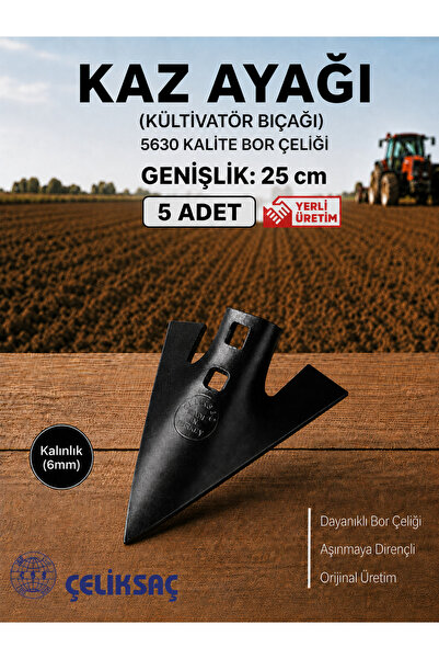 ÇELİKSAÇ 25 cm Kazayağı Kültivatör Bıçağı Pabucu 6 mm 5630 Bor Çeliği 5 Adet