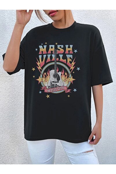 JENOLAN Žene / Devojke Crna Oversize kroj T-shirt Nash Ville Štampano