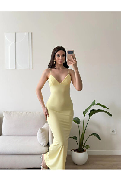Zoom Butik Askılı V Yaka Premium Elbise - SARI