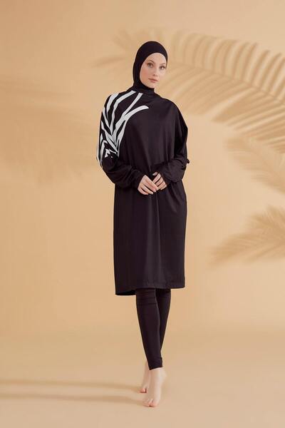 Marina Swimwear Full Covered Hijab Swimsuit Set Plain Black Lycra 4 Piece – M...