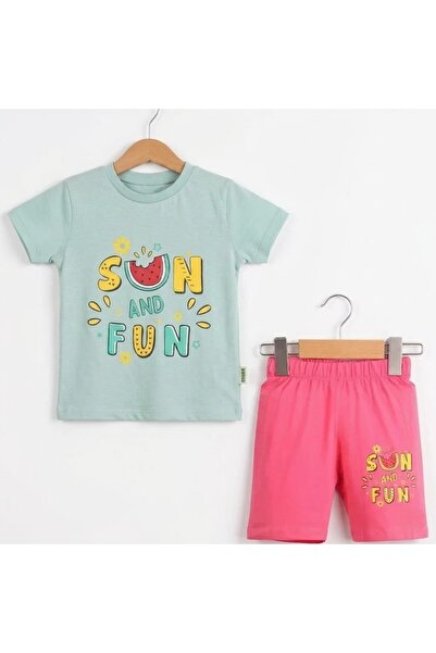 BAMBU KİDS Girl's Printed Shorts 2-Piece Summer Set Cotton T-Shirt Shorts Set