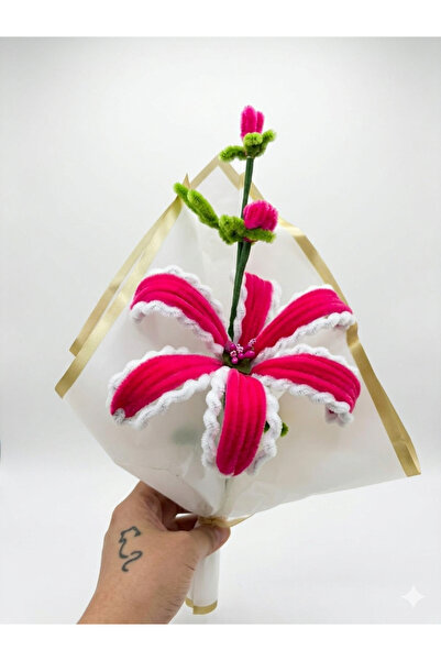 Handmade Solmayan Büyük Zambak Lilyum - El Emeği Canlı Pembe Buket