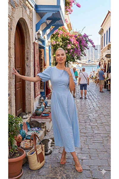 Moda Palmiss Rochie midi casual pentru femei, albastru bebeluș, cu mâneci buf...