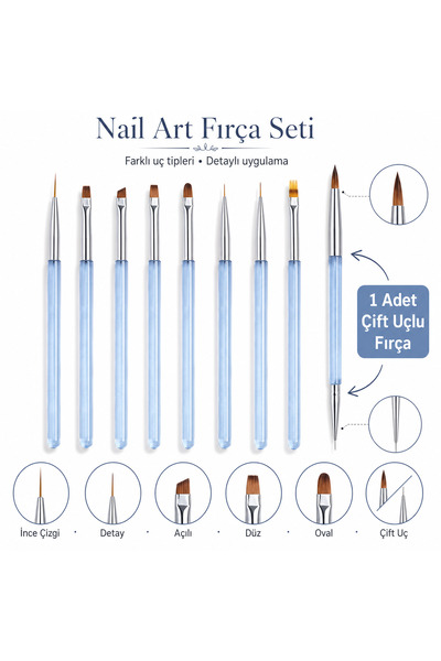 QNAİL PROFESSİONAL 9’lu Premium Nail Art Fırça Seti Çift Uçlu İnce Detay Düz ...