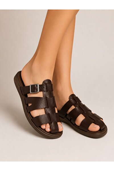 VEİLLETTO Black Buckle Women's Leather Slippers