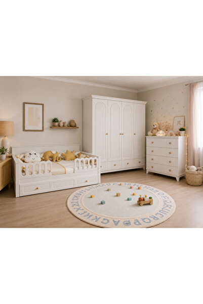 Koza %100 MDF Bohem 4 Kapılı Bebek & Çocuk Gardırop & Bohem 4 Çekmeceli Şifonyer & Bohem 90x190 cm Yavrulu Sedir Karyola