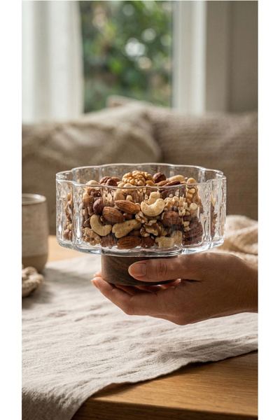 NAHR Luxury Glass Serving Plate with Wooden Stand Snack Bowl for Nuts and Dry...