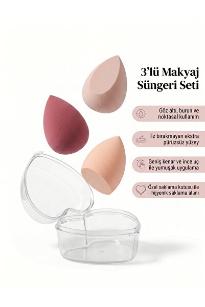 MFK COSMETİC Kalp Kutulu 3'lü Profesyonel Makyaj Süngeri- Pembe Tonları