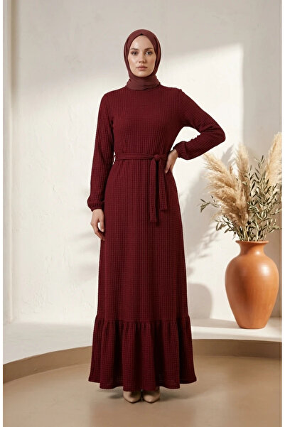 sefamerve Waffle Fabric Elastic Sleeves Hijab Dress 5588-01 Claret Red