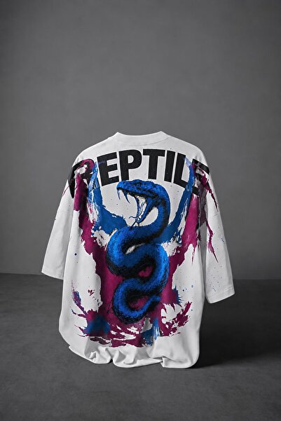 Slatra Tricou oversize cu imprimeu cu reptile albe pentru bărbați