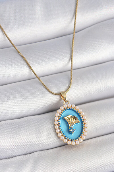 OGHAMAY 316L Steel Gold Color Chain Blue Enamel Pearl Zircon Stone Flower Emb...
