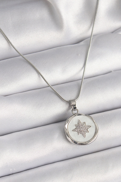 OGHAMAY 316L Steel Silver Color Chain White Pearlescent Zircon Stone Star Pro...