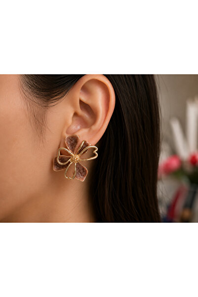 U&Gi Moda Women's Flower Patterned Coffee-Gold Color Stylish Earrings