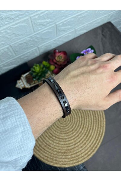 WAKHA Dark Brown Leather and Natural Stone Bead Detailed Men's Bracelet
