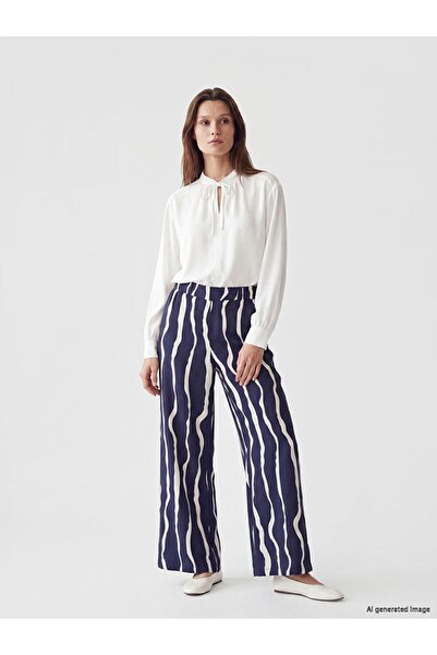 LC Waikiki Lcw Modest Navy Blue Patterned Women's Trousers with Elastic Waist