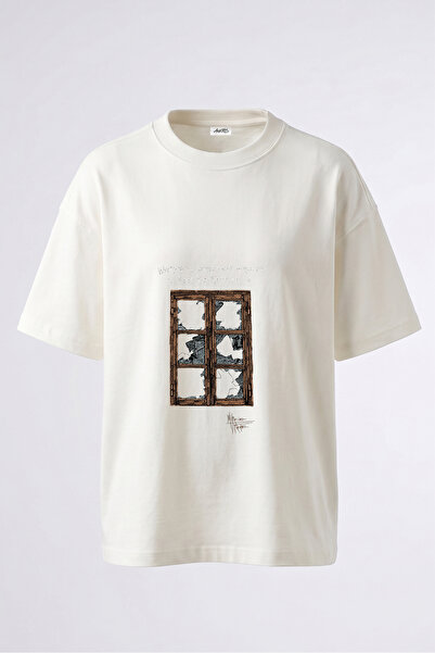 Anetos Tricou oversize alb din bumbac cu imprimeu pe spate Broken Window Design