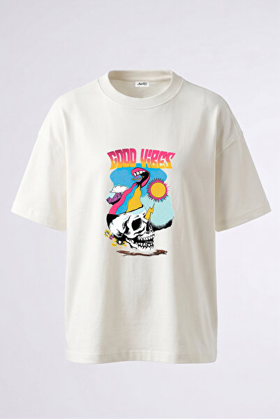Anetos Tricou oversize alb din bumbac cu imprimeu pe spate cu design Skull Mouth