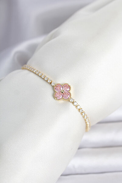 OGHAMAY Brass Gold Color Pink Zircon Stone Clover Model Waterway Women's Brac...