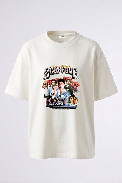 Anetos Tricou supradimensionat alb din bumbac cu imprimeu pe spate Tony Monta...