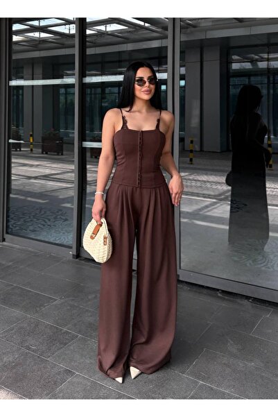 EVOA كورسيه نسائي بتفاصيل دانتيل بني اللون مع حزام وبنطلون واسع الساقين مطوي